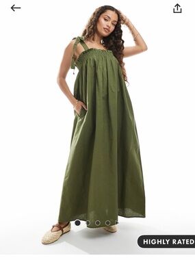 Asos Brand New Smocked Tie-Strap Maxi Dress - Olive Green